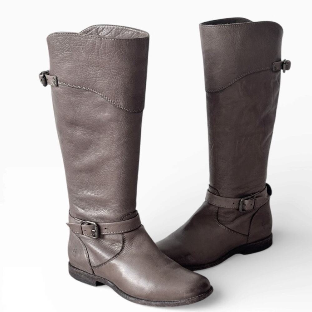 Frye Phillip Women's Size 9.5 B Riding Boots Tall Leather Gray Buckles Side Zip - Picture 6 of 13
